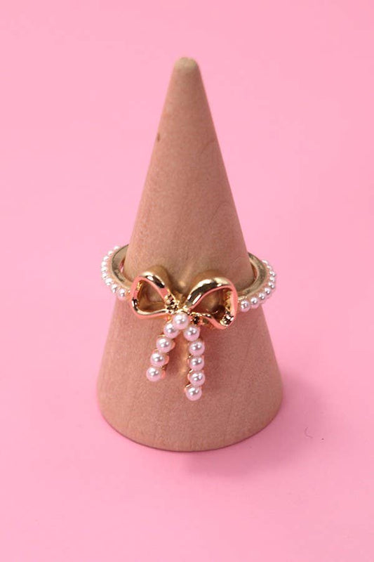 Gold Pearl Bow Ribbon Ring