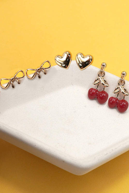 Cherry, Bow, & Heart Stud Earrings Trio Set