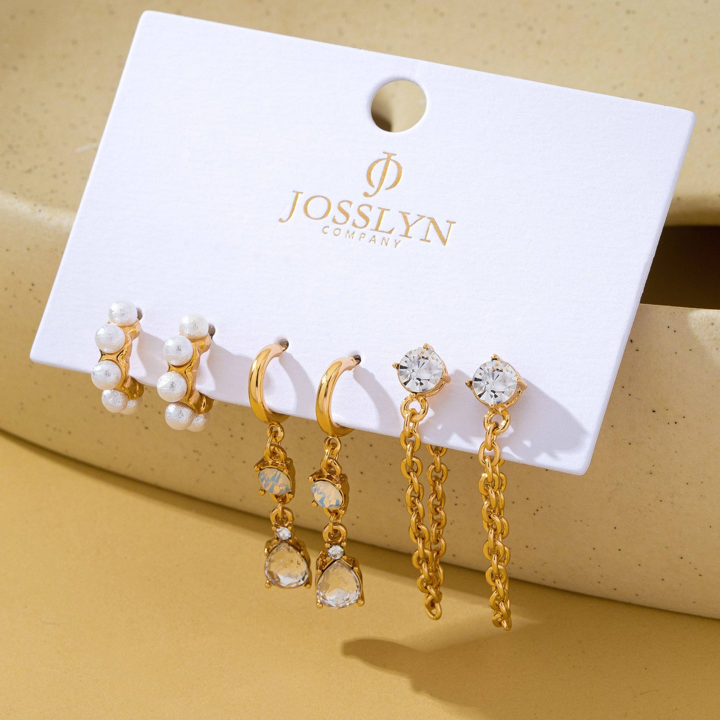 Pearl Hoop Crystal Drop Chain Trio Earring Set