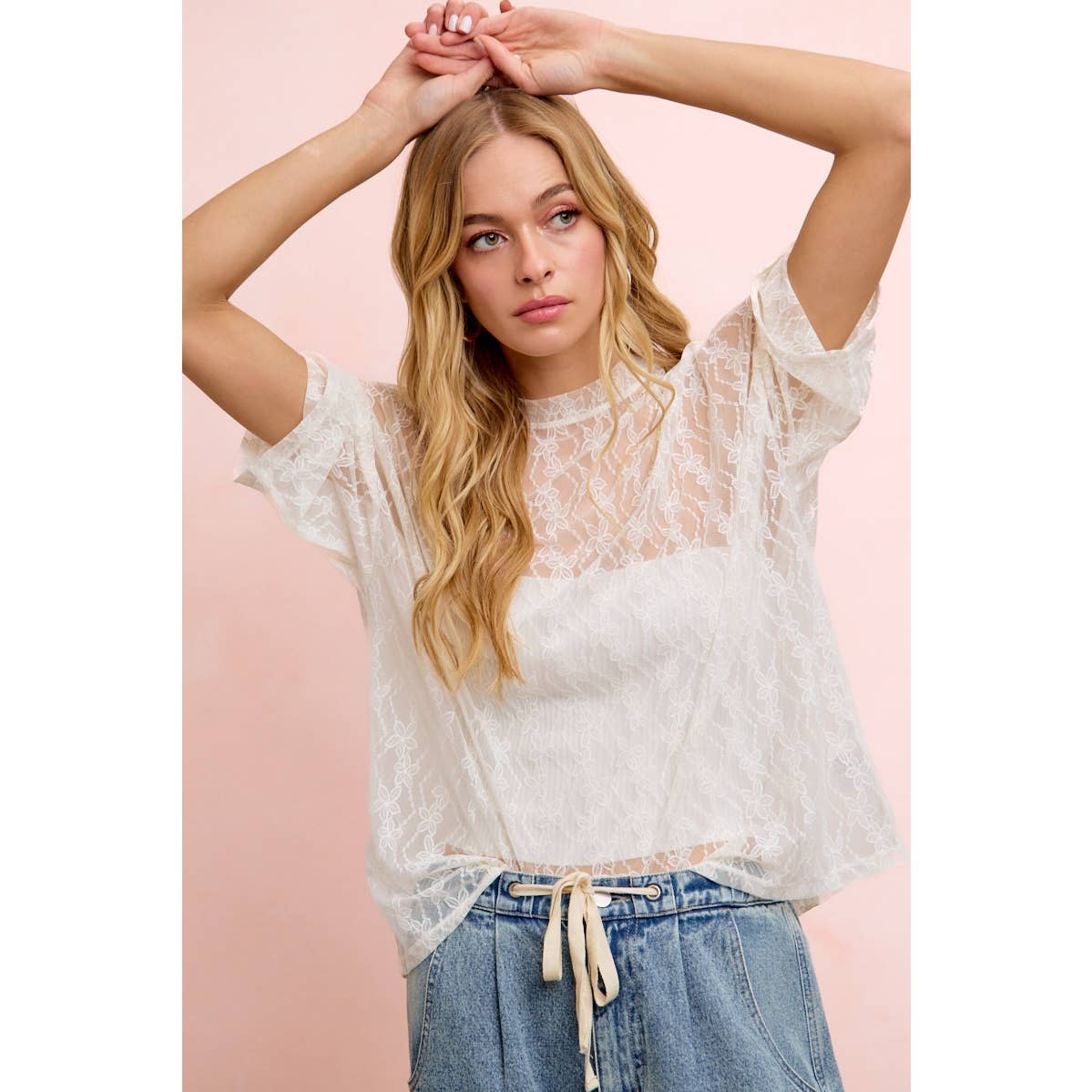 Floral Pattern Short Sleeve Mesh Top