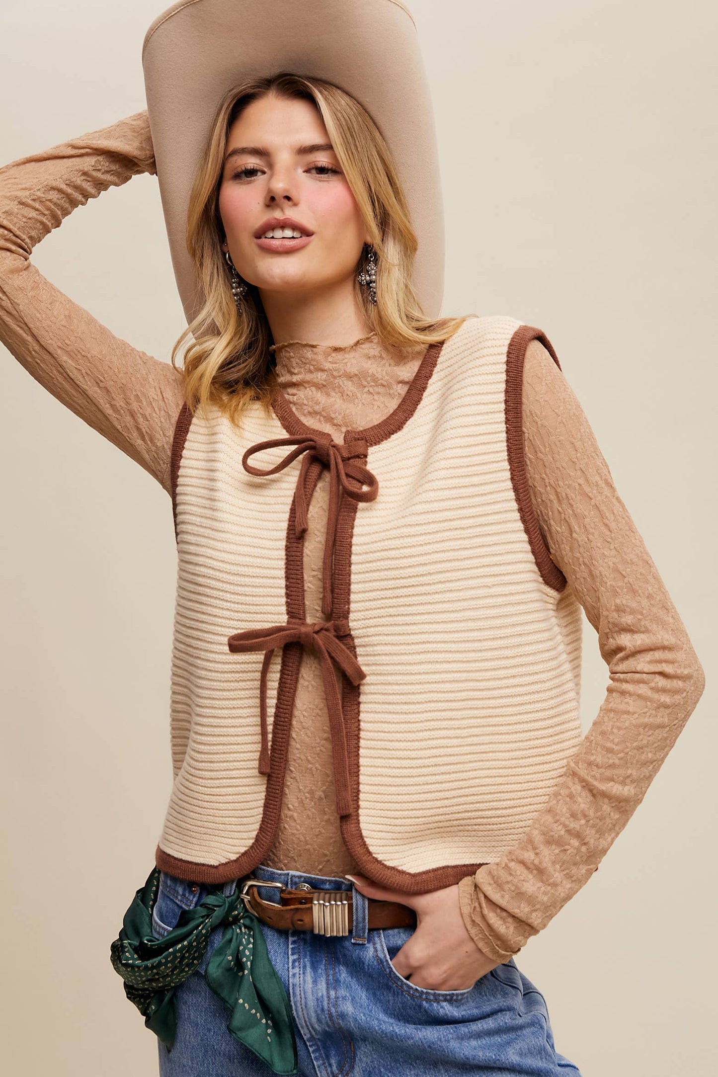Two-Tone Tie Front Knit Vest
