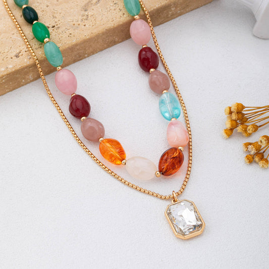 Multi-Color Stone & Crystal Pendant Necklace