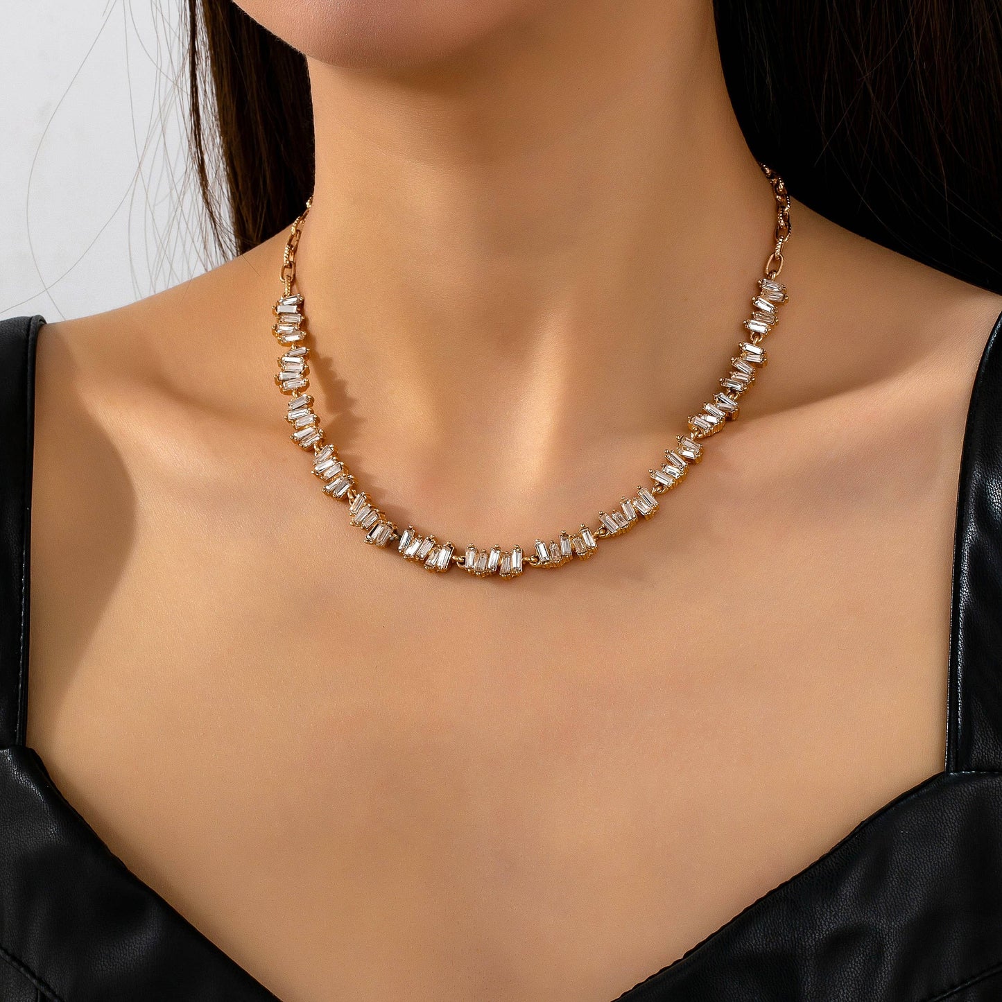 Jagged Pattern Baguette Crystal Necklace