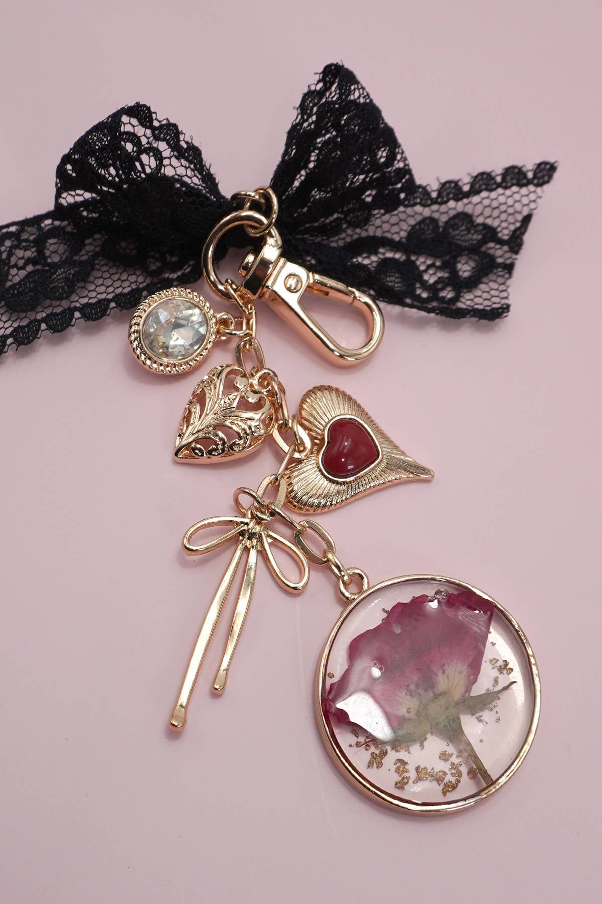Bag Charm - Dried Flower Bow Heart Rhinestone Charms