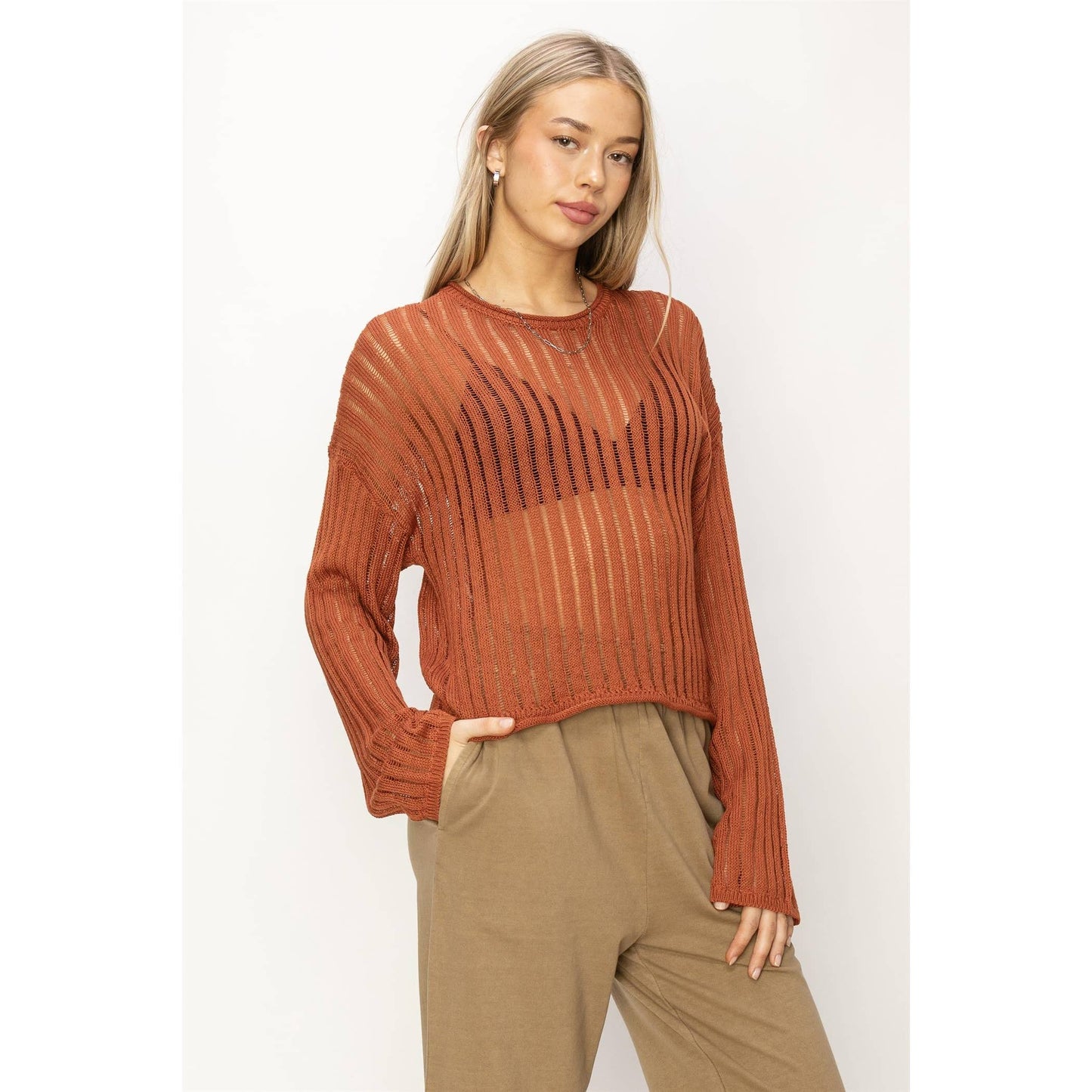 Baked Clay Open Knit Long Sleeve Sweater