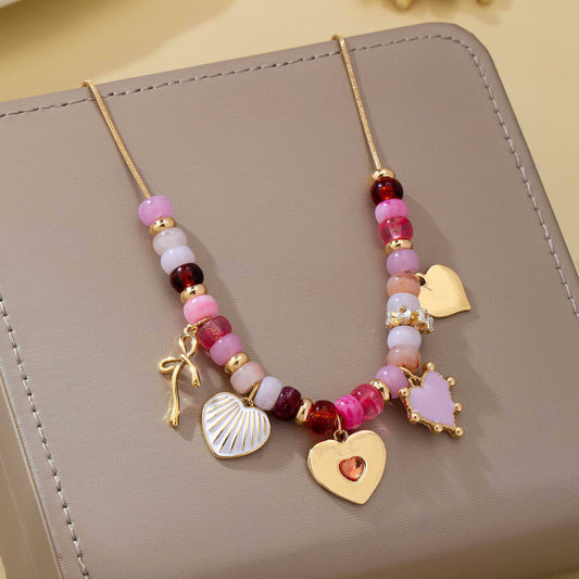 Pink Beaded Heart and Shell Charm Necklace