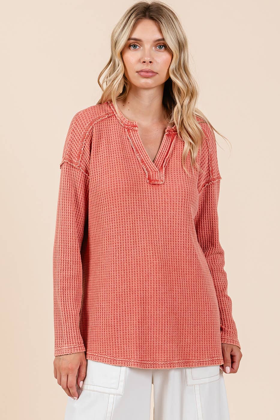 Mineral Wash Waffle Knit V-Neck Long Sleeve Top