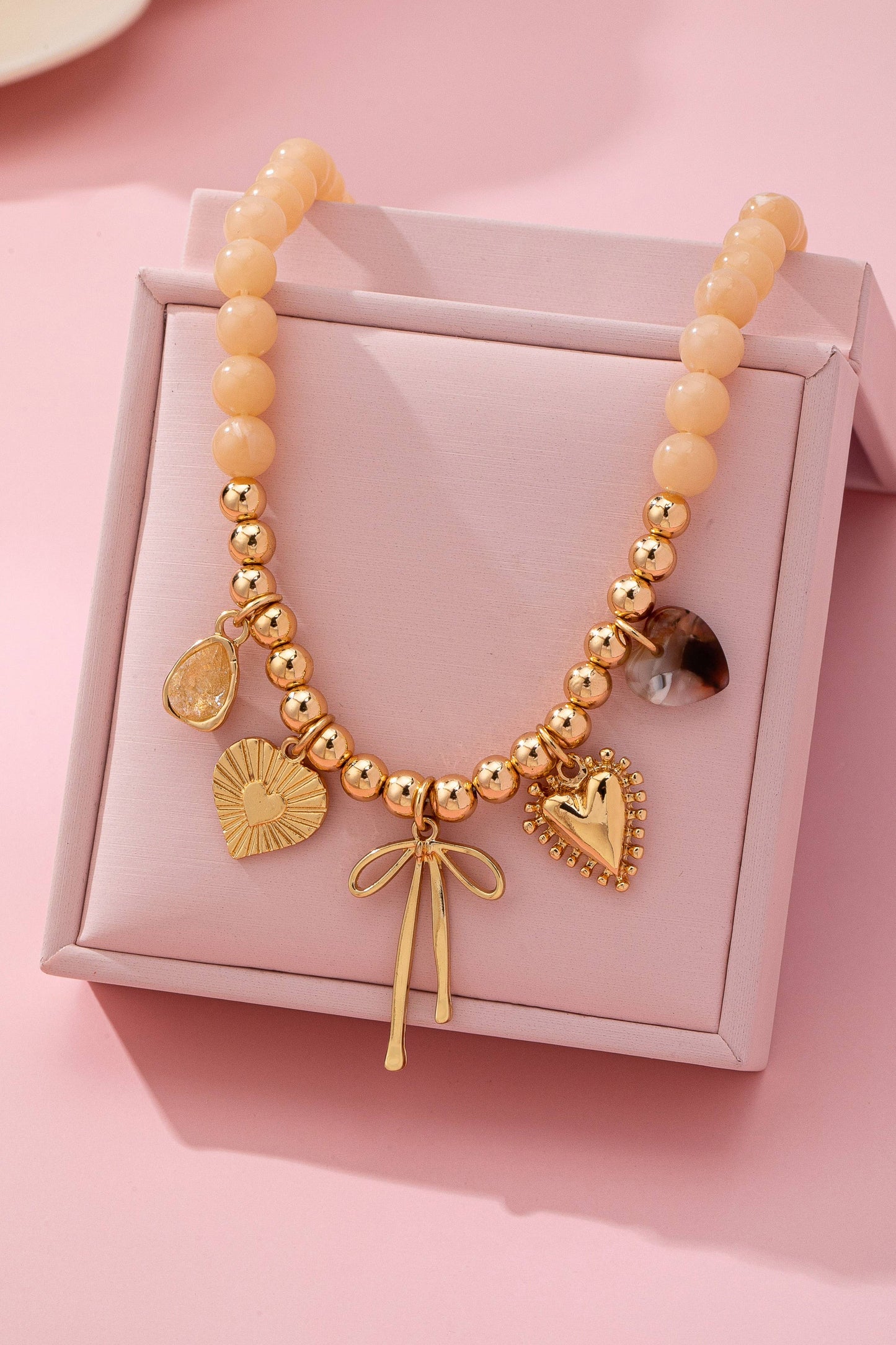 Beige Beaded Bow Heart Rhinestone Charm Necklace