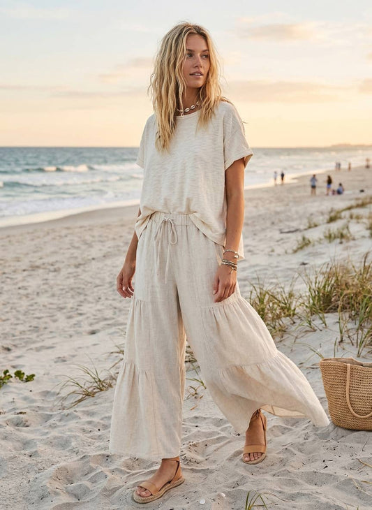 Linen Blend Tiered Wide Leg Palazzo Pants