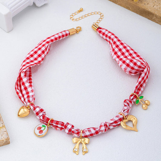 Red Gingham Scarf Charm Necklace