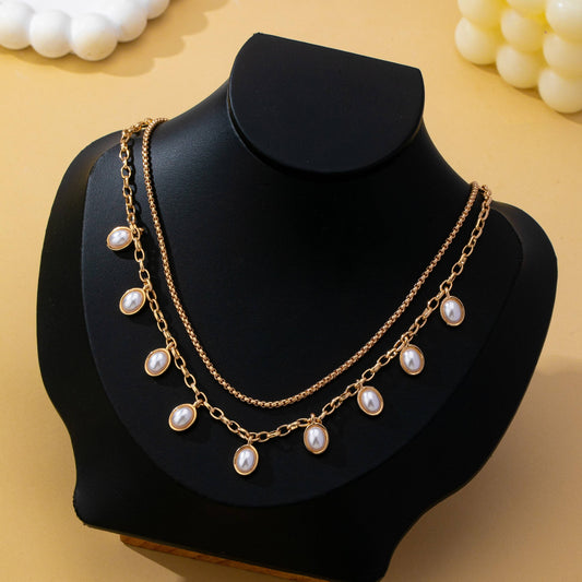 Layered Gold Chain Pearl Charm Necklace