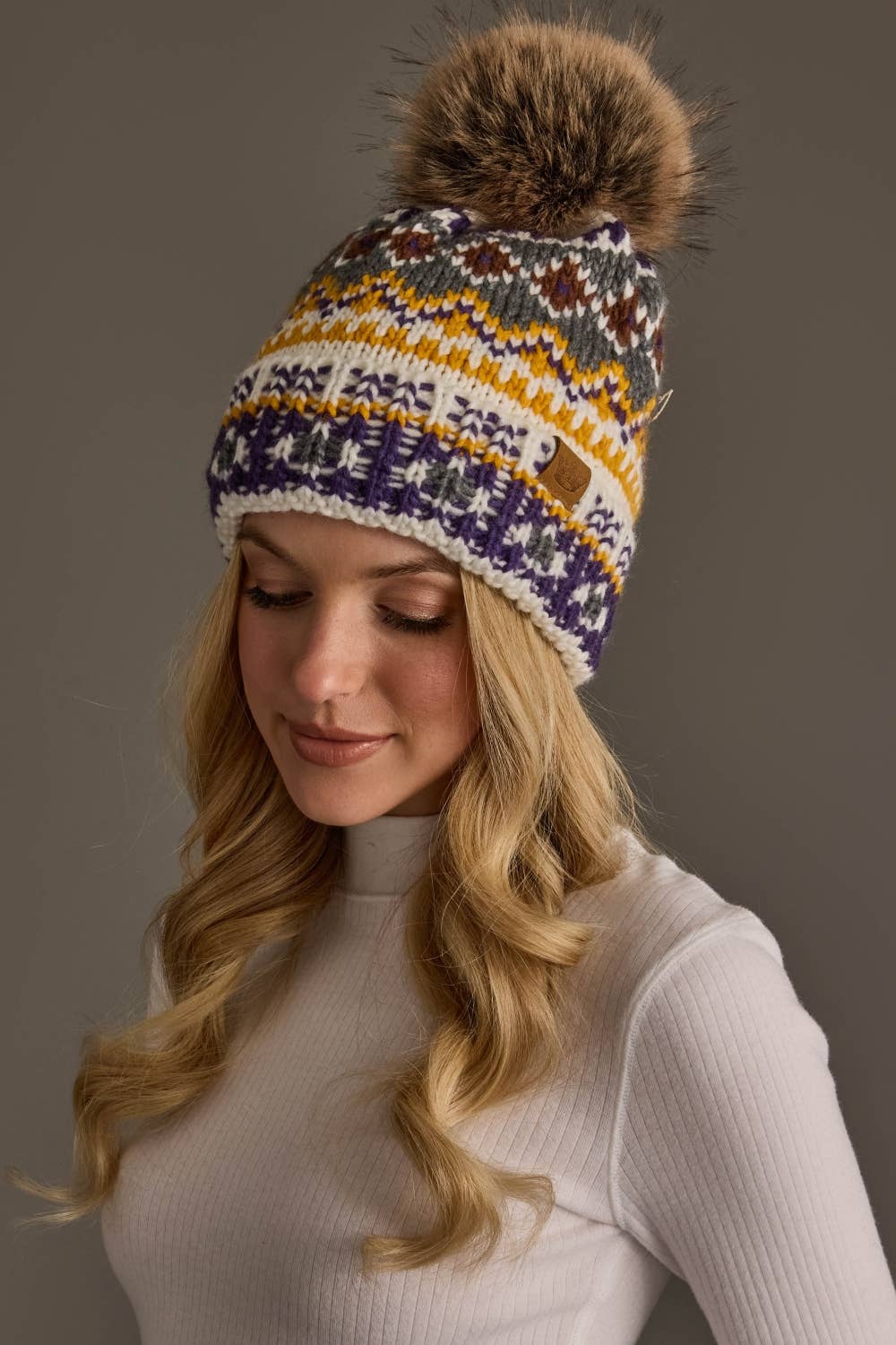 Ivory, Purple & Gold Patterned Pom Hat