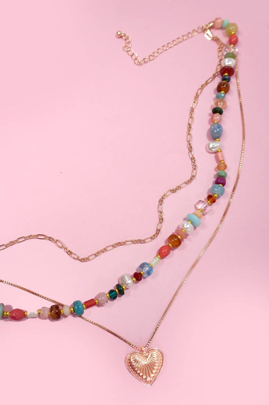 Multi-Layered Multi-Colored Pearl Mixed Beaded Heart Flower Charm Necklace
