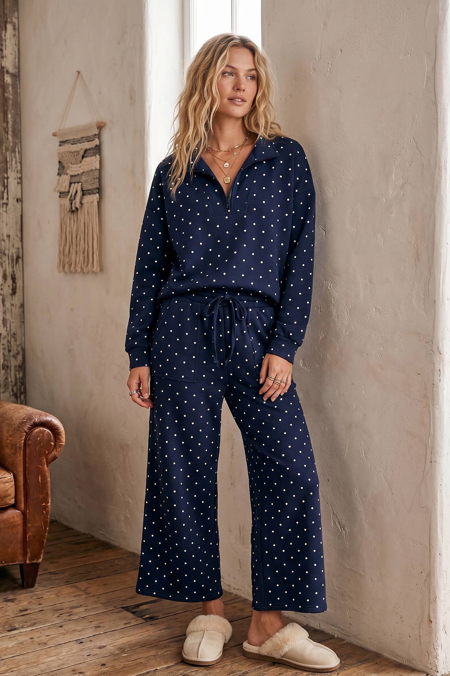 Scuba Polka Dot Half Zip Pullover & Wide Leg Pants Set