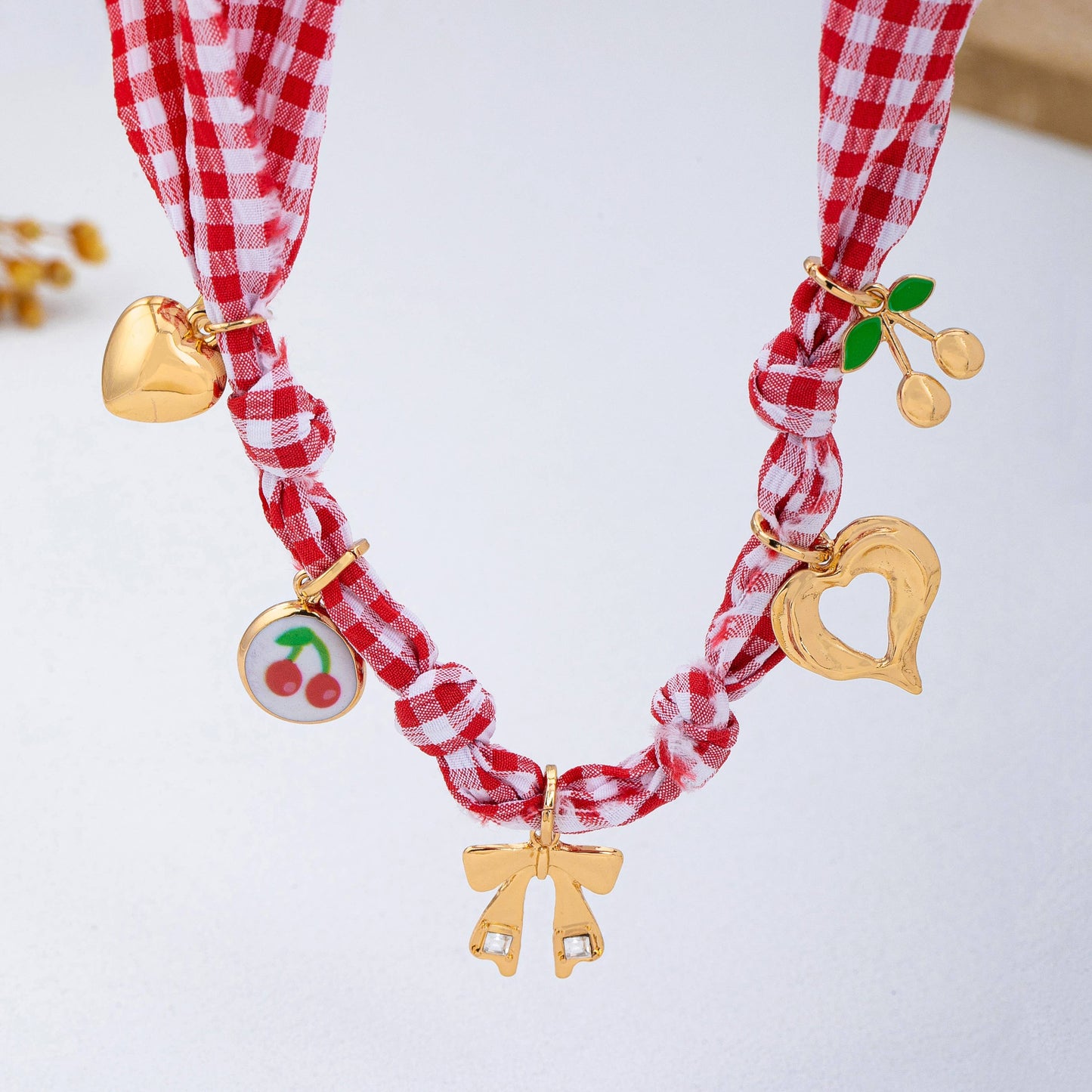 Red Gingham Scarf Charm Necklace