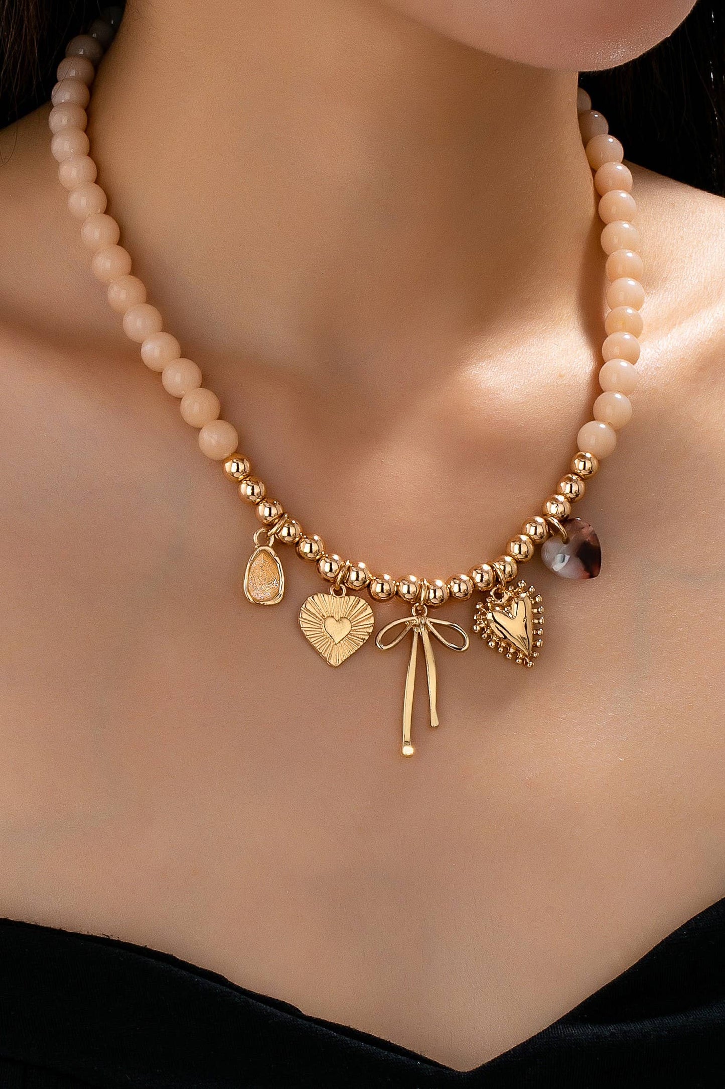 Beige Beaded Bow Heart Rhinestone Charm Necklace