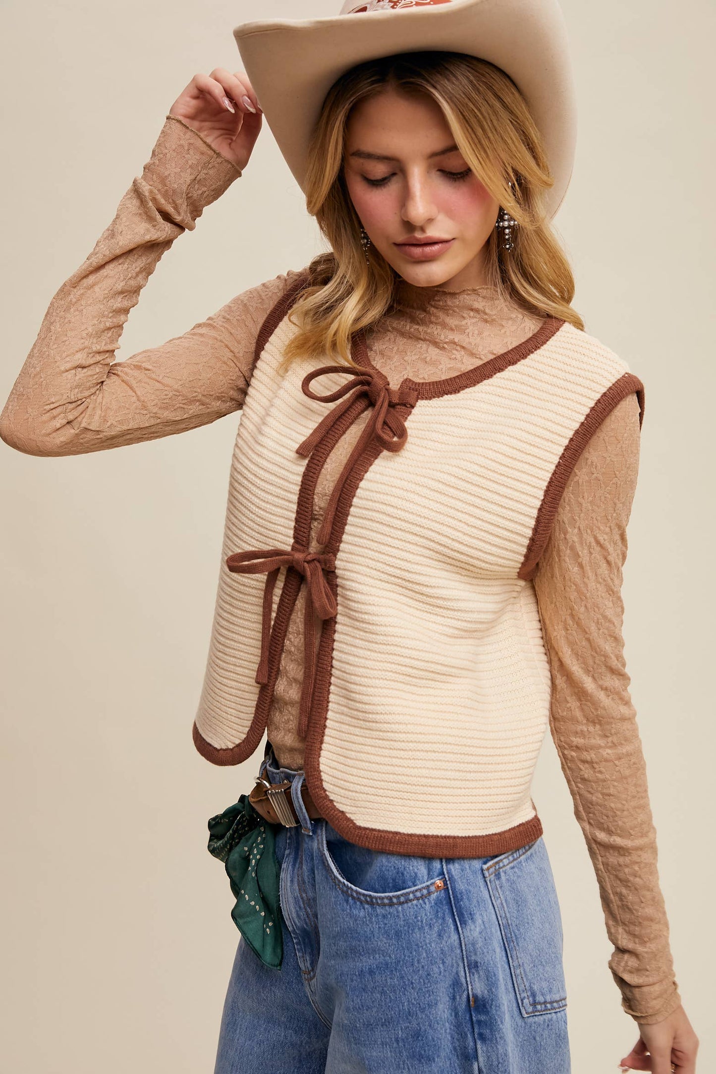 Two-Tone Tie Front Knit Vest