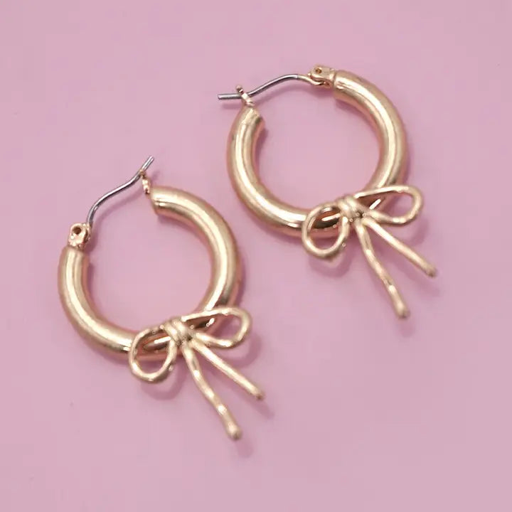 Worn Gold Bow Puffy Hoop Earrings