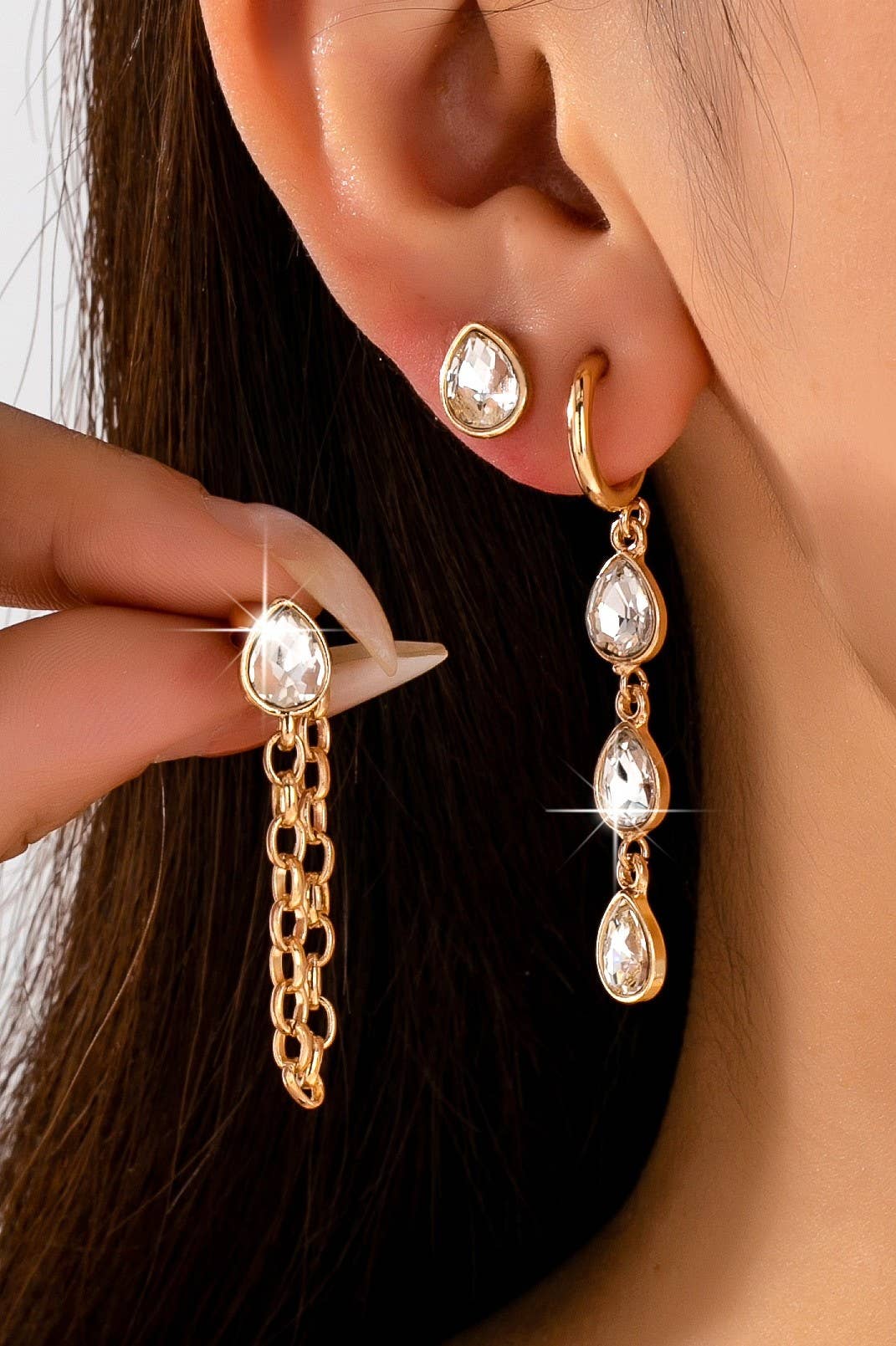 Teardrop Crystal Chain Hoop Drop Trio Earring Set