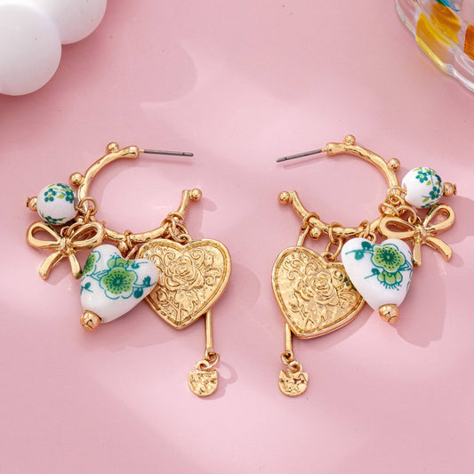 Chinoiserie Heart Charm Hoop Earrings