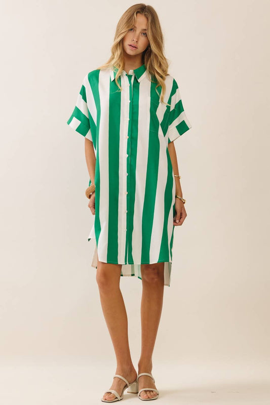 Vertical Stripe Short Sleeve Button-Up Shirt Dress