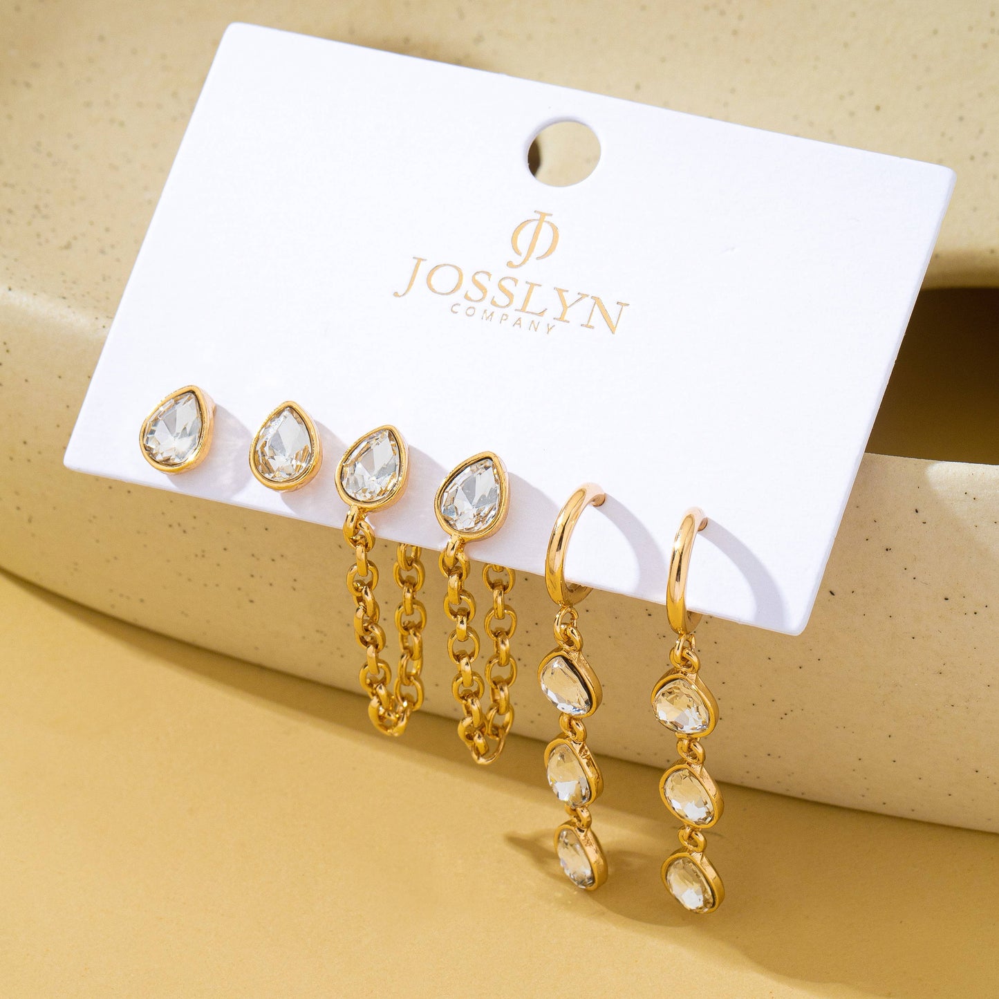 Teardrop Crystal Chain Hoop Drop Trio Earring Set