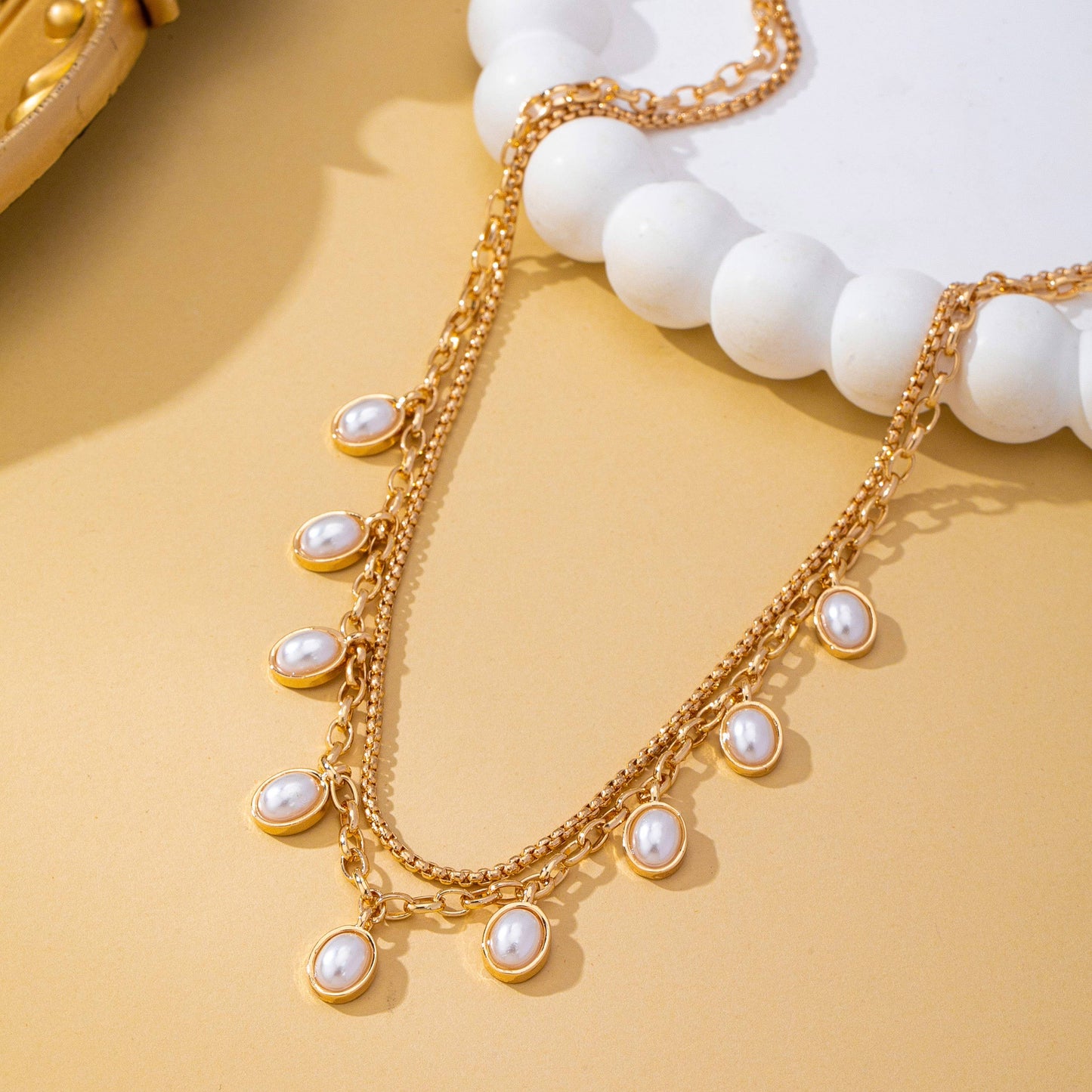 Layered Gold Chain Pearl Charm Necklace
