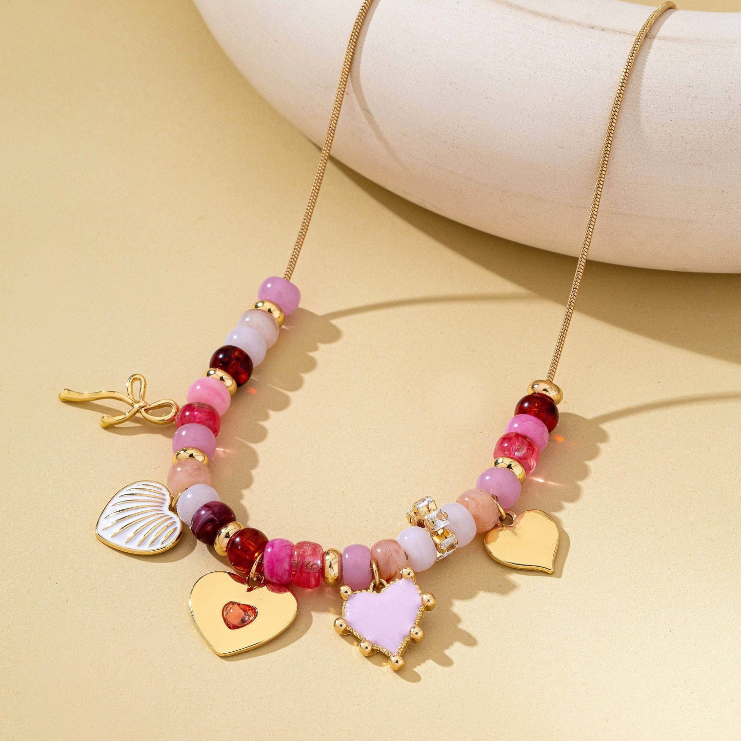 Pink Beaded Heart and Shell Charm Necklace