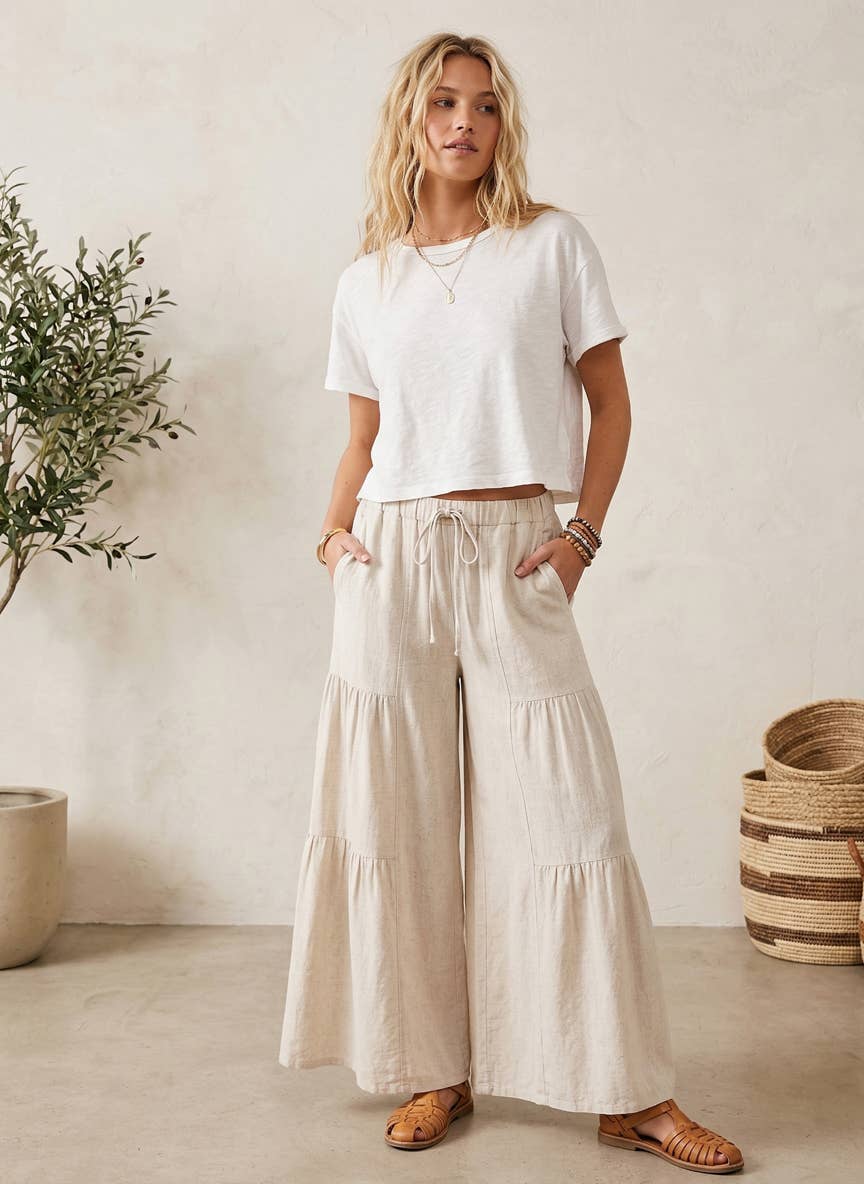 Linen Blend Tiered Wide Leg Palazzo Pants