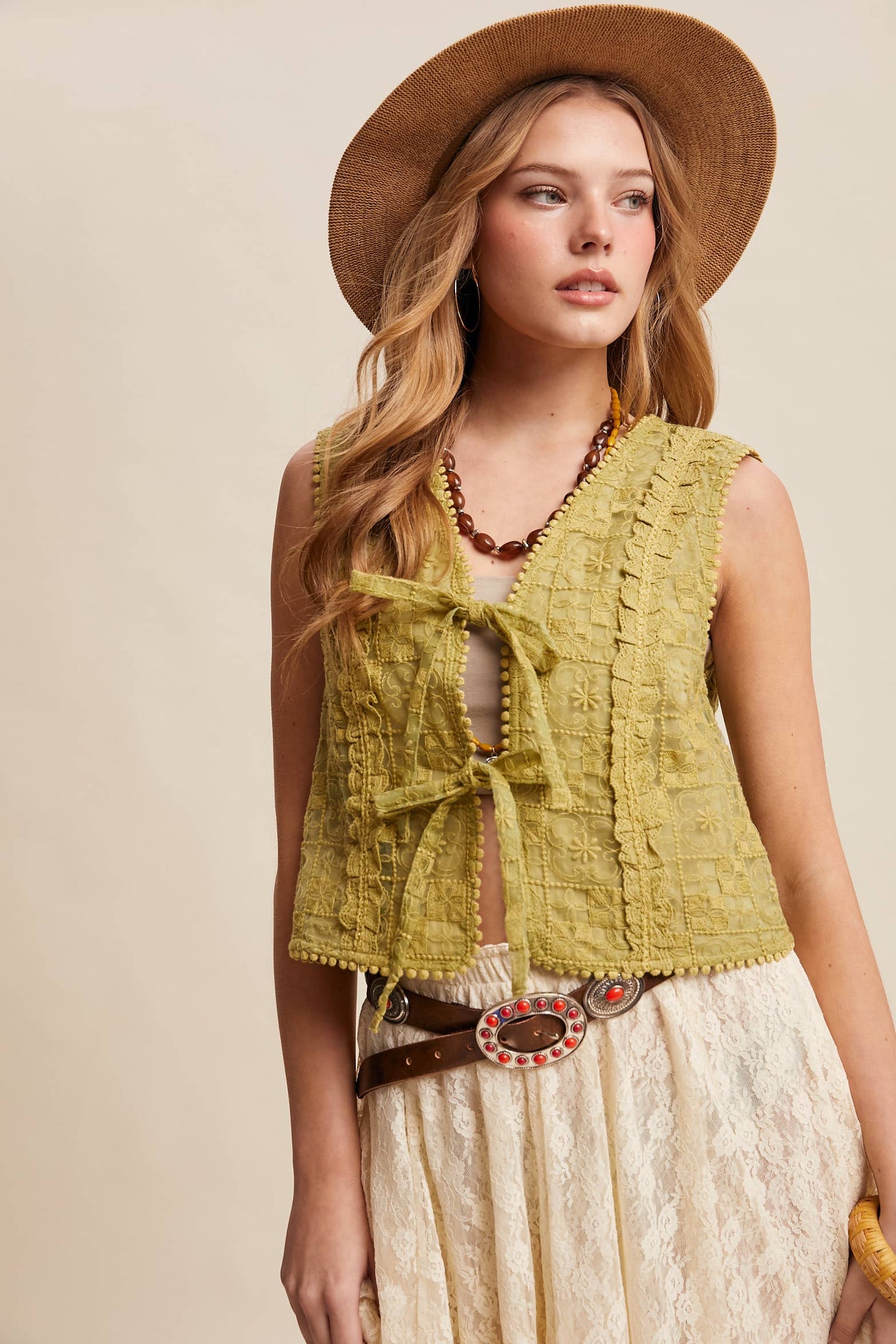 Embroidered Lace Tie-Front Vest