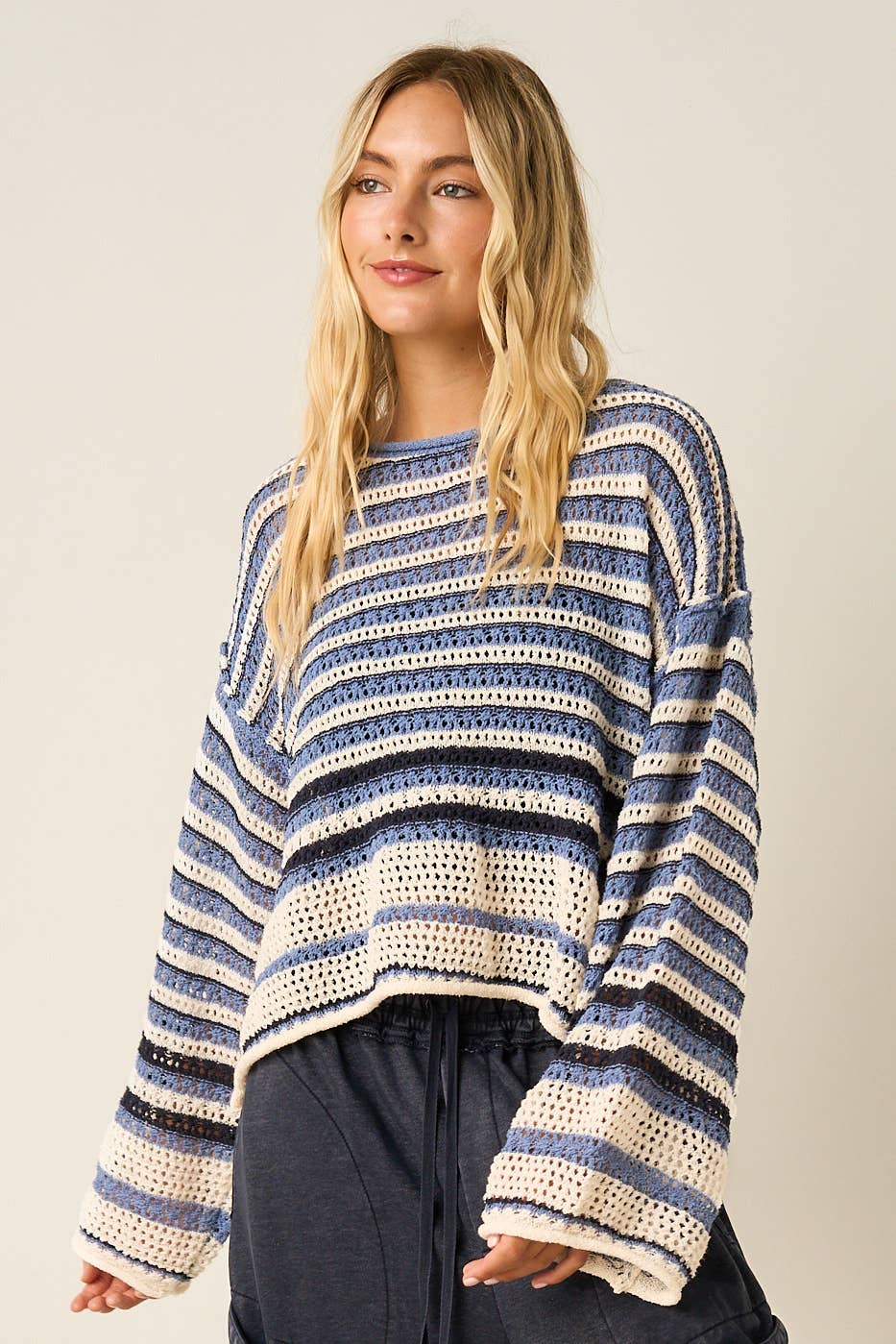 Striped Crochet Long Sleeve Top