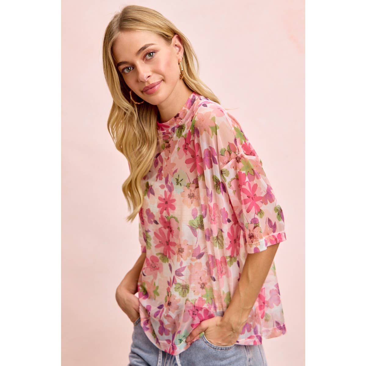Floral Print Mesh Over Sized Top