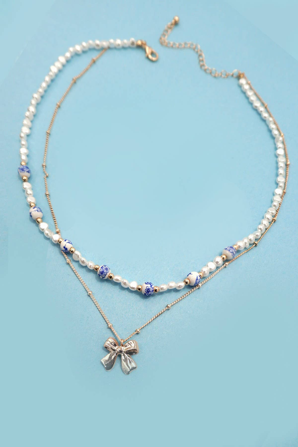Blue Ceramic Porcelain Pearl Mix with Layered Bow Charm Chain Necklace
