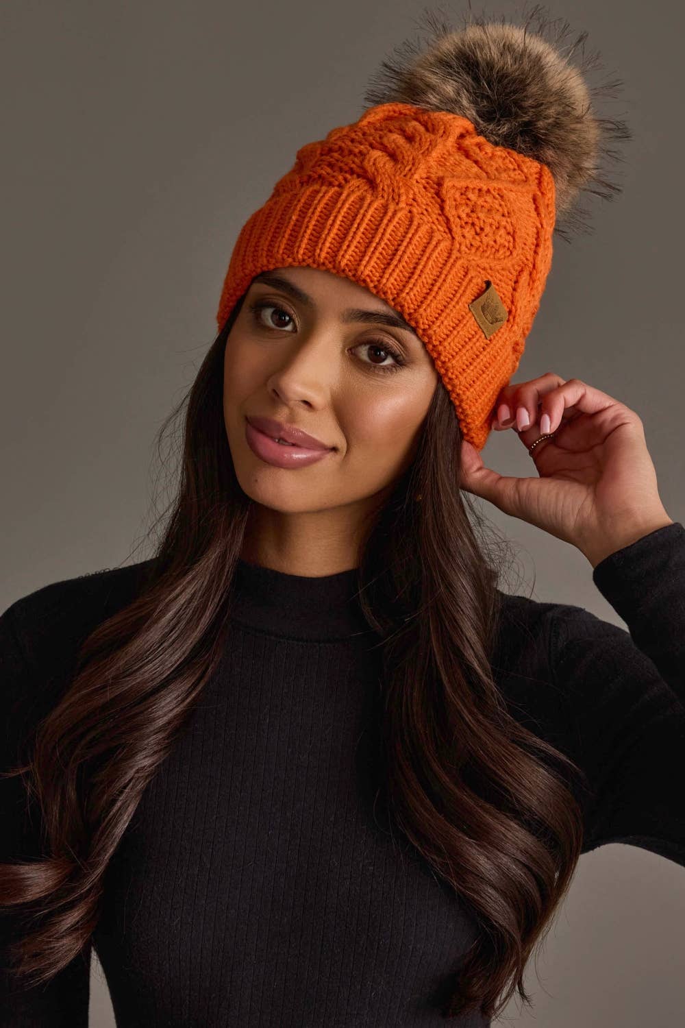 Orange Cable Knit Pom Hat