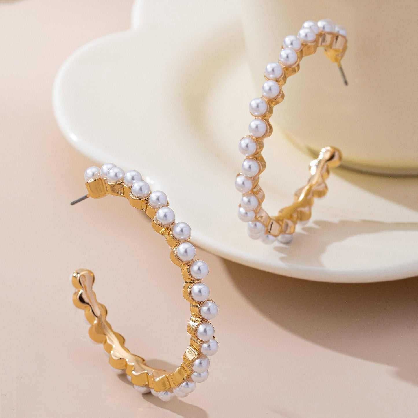 Pearl Embellished Gold Hoop Earrings
