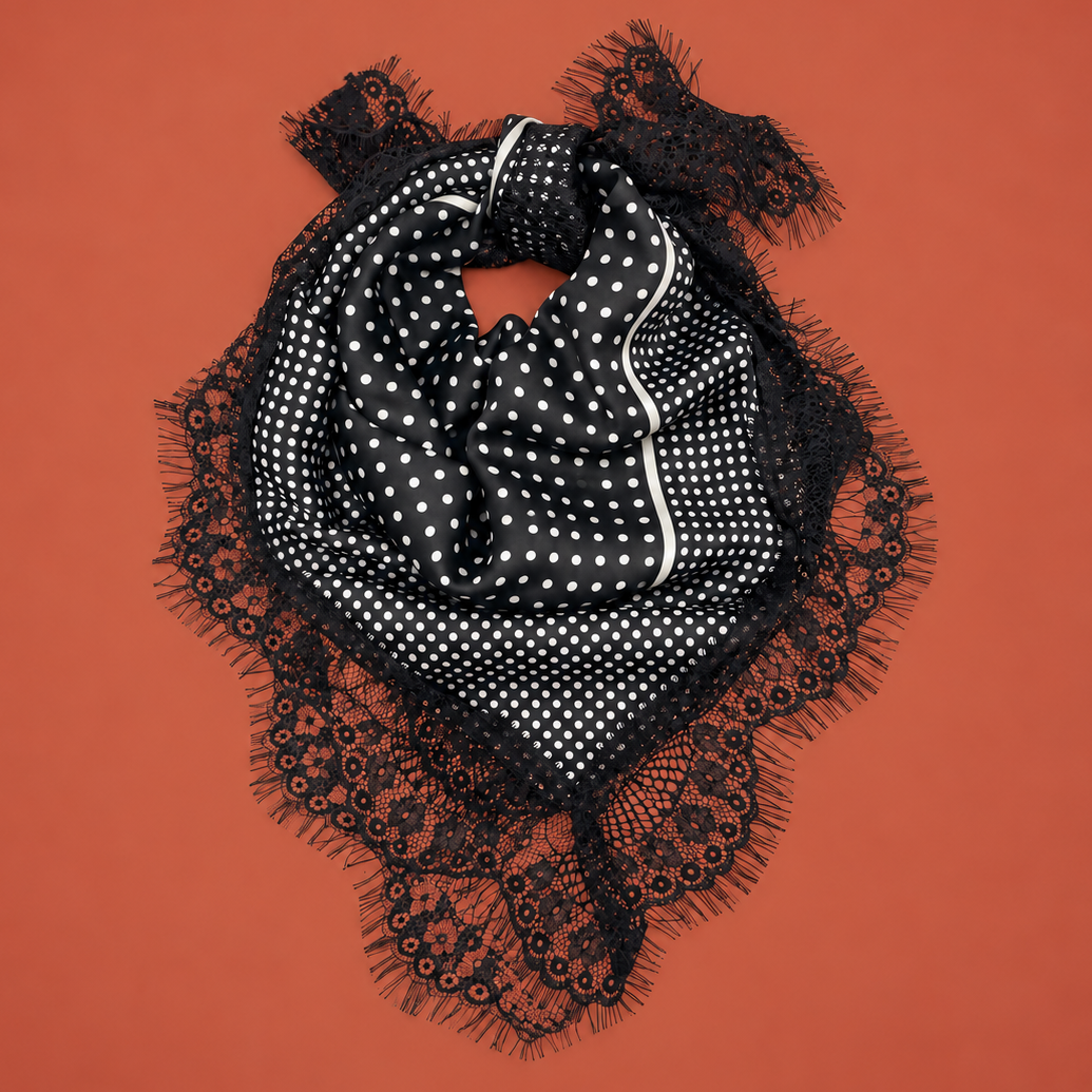 Patterned Silk-Feel Lace Trim Square Scarf