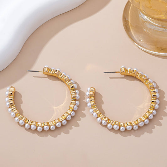 Pearl Embellished Gold Hoop Earrings