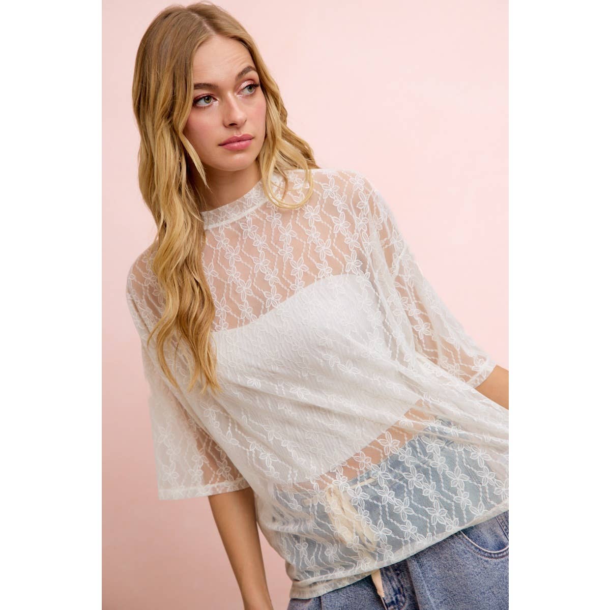 Floral Pattern Short Sleeve Mesh Top