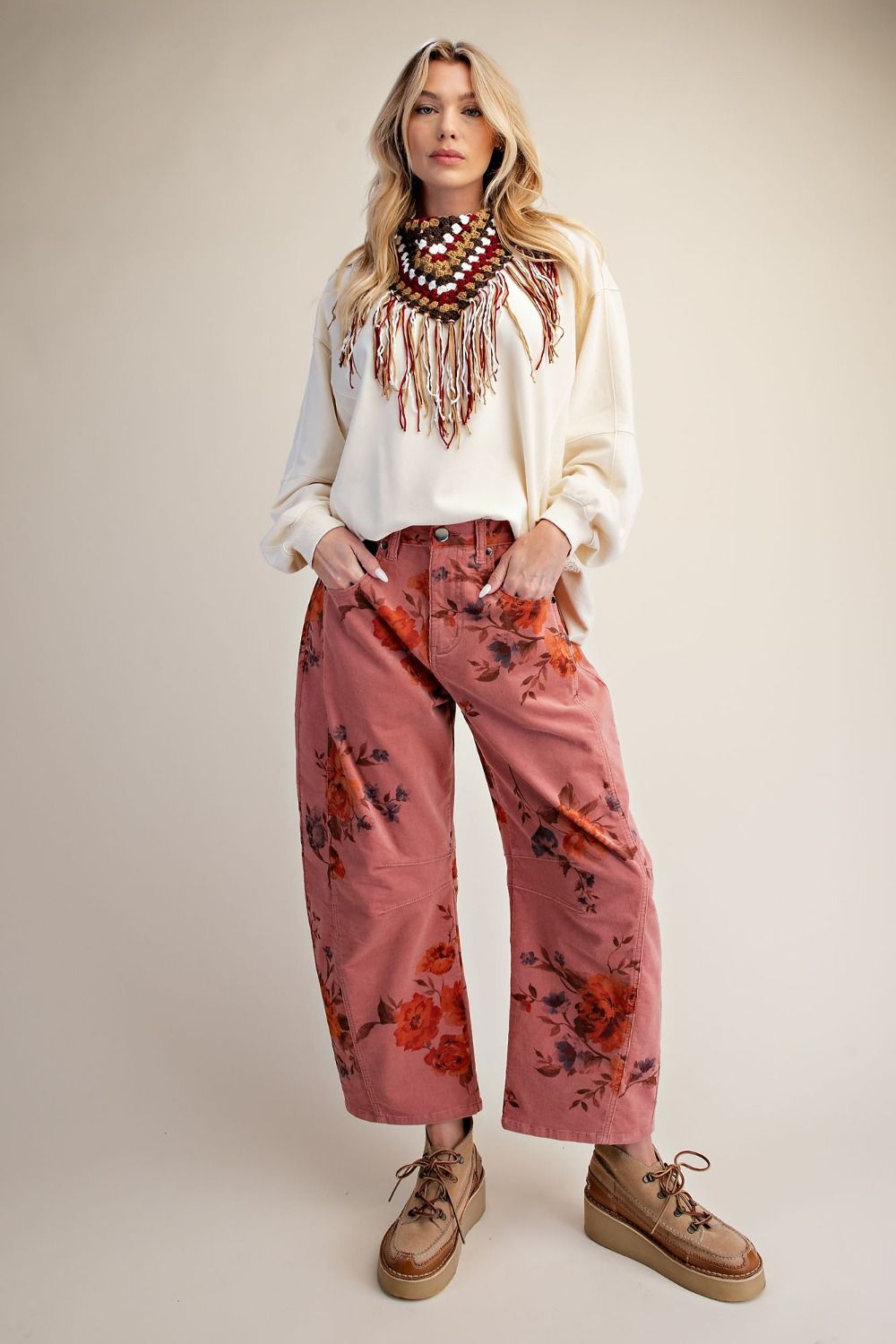 Signature Print Washed Corduroy Barrel Pants