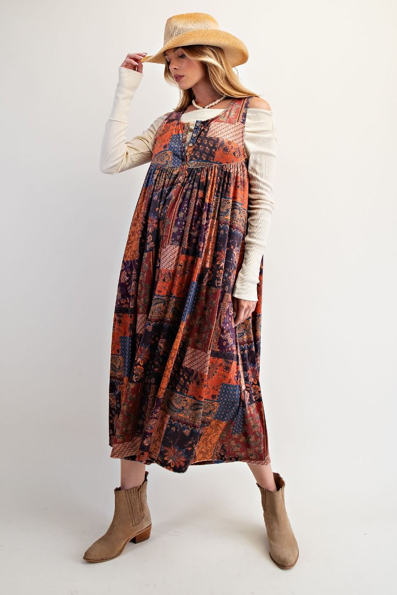 Easel Patchwork Printed Velvet Jumpsuit