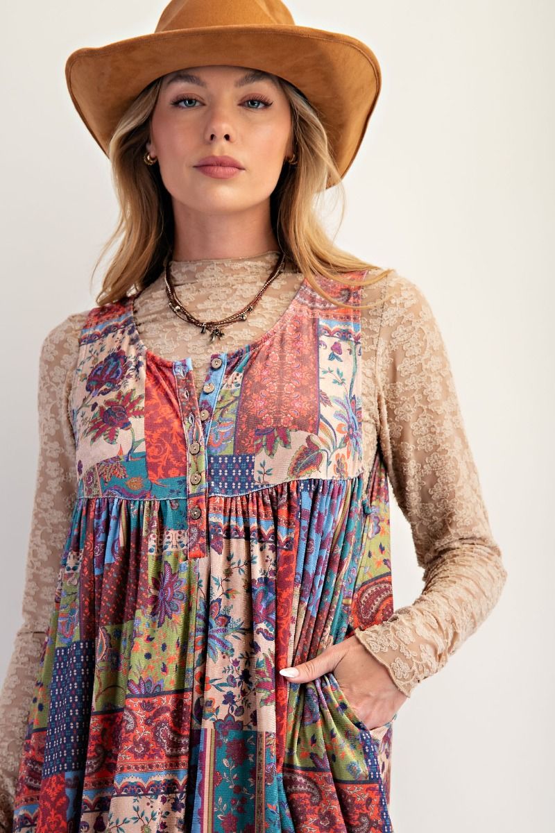 Easel Patchwork Printed Velvet Jumpsuit