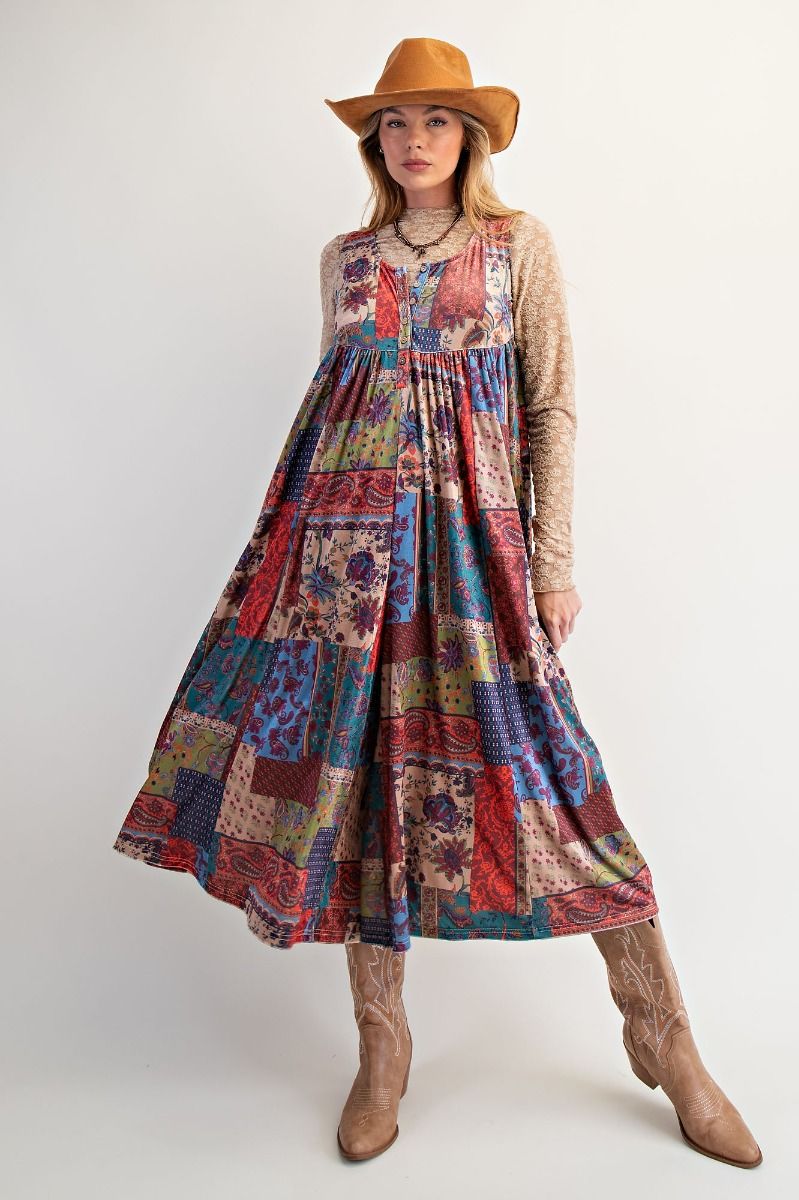 Easel Patchwork Printed Velvet Jumpsuit