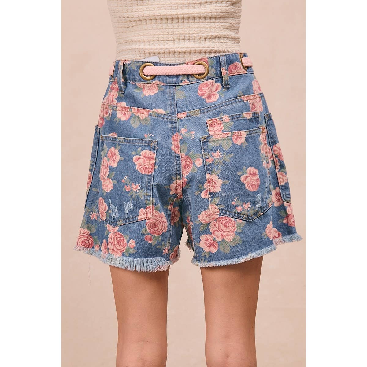 Braided Waist Belt Floral Denim Shorts