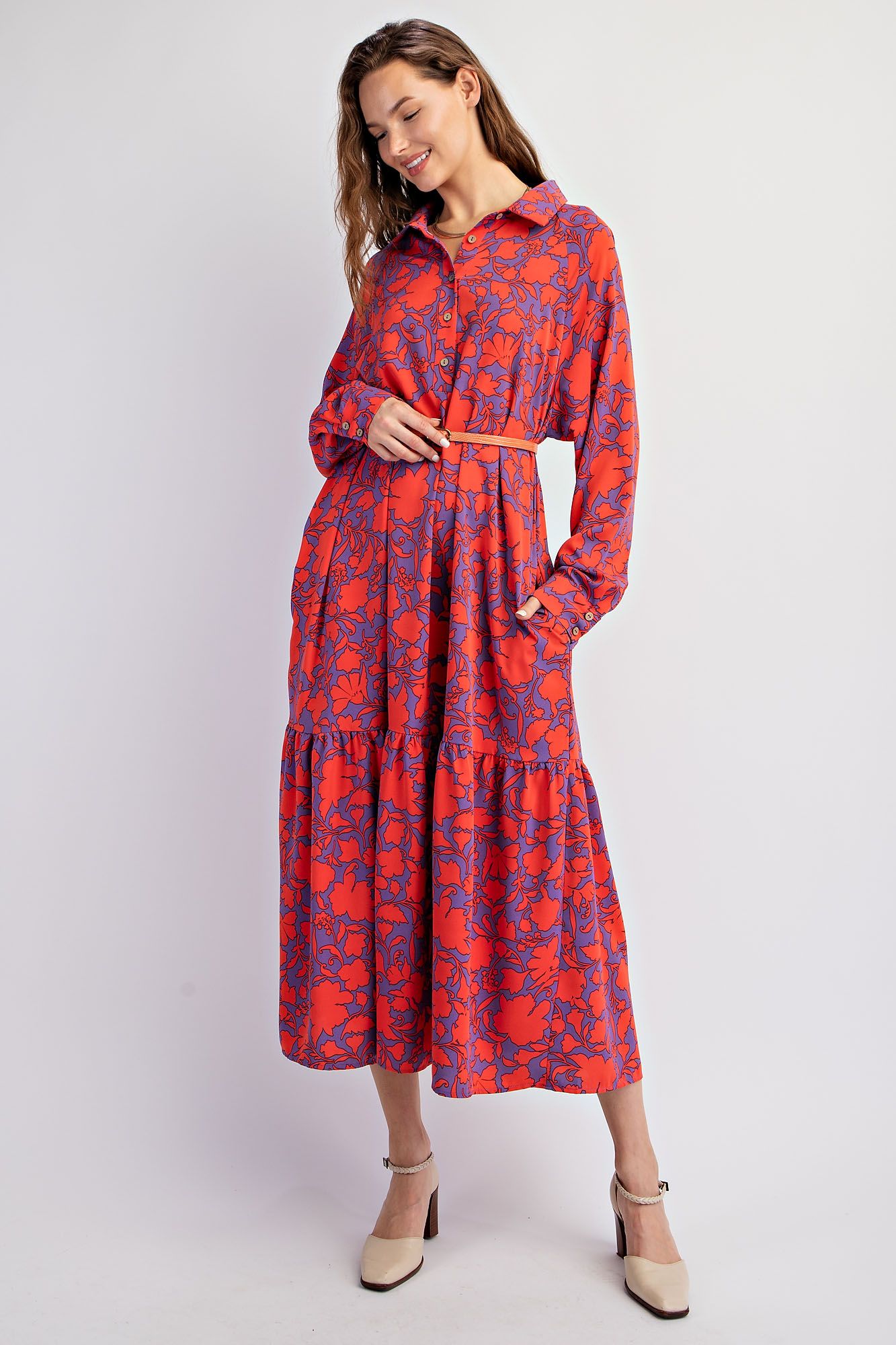 Printed Sophia Ruffle Bottom Midi Dress