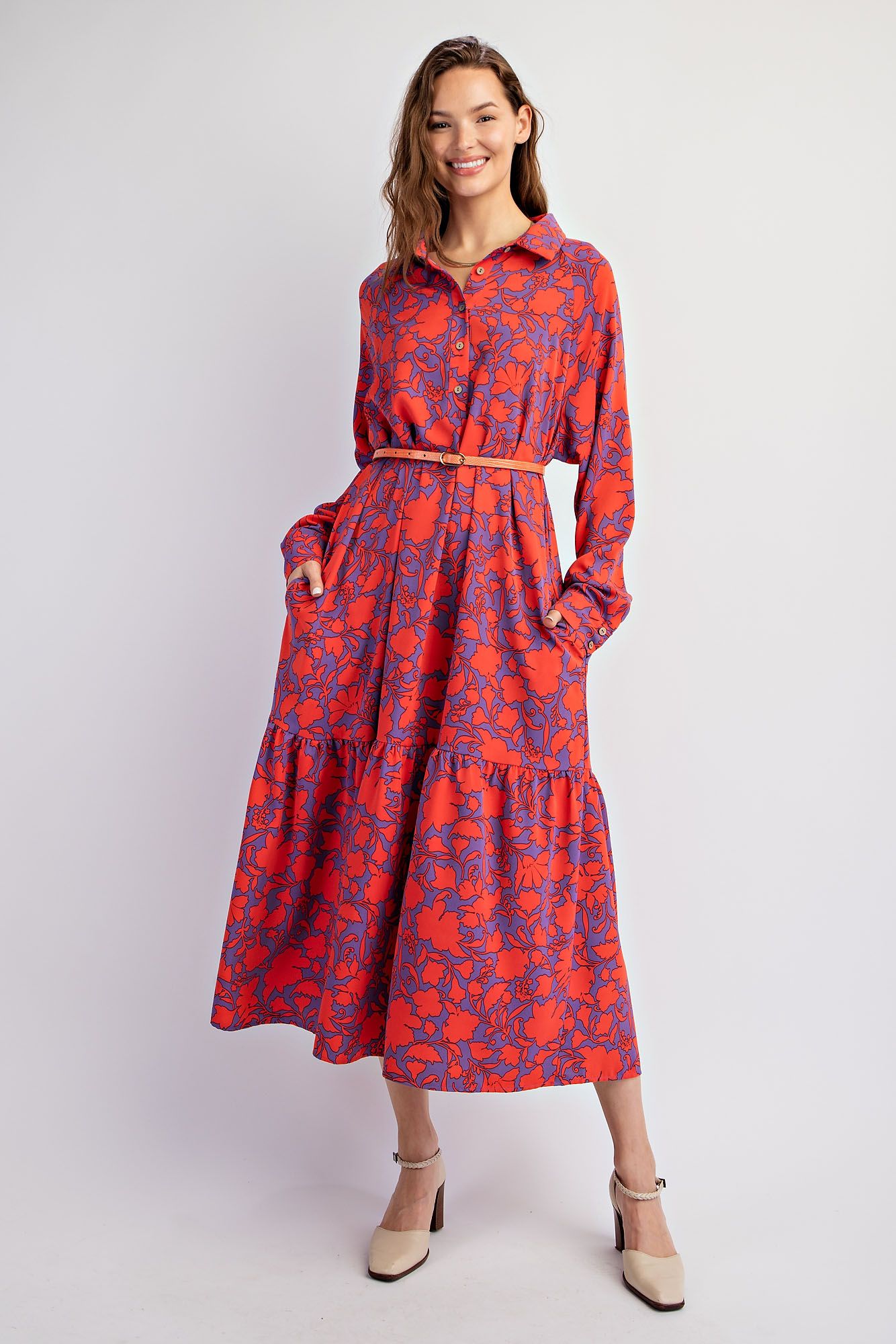 Printed Sophia Ruffle Bottom Midi Dress