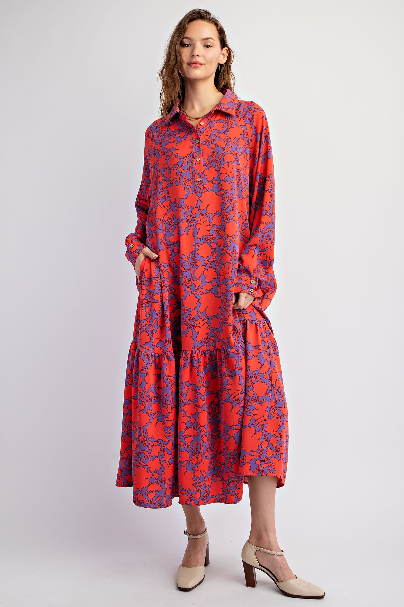 Printed Sophia Ruffle Bottom Midi Dress