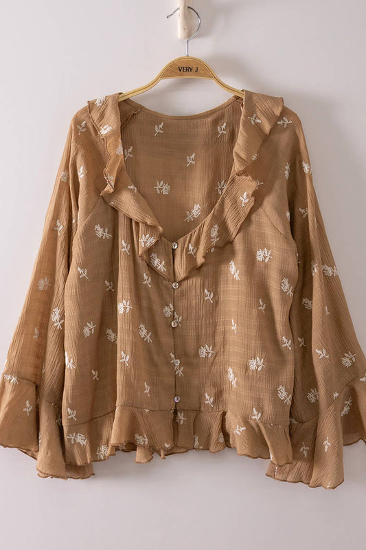 Floral Embroidery Ruffled Blouse Top
