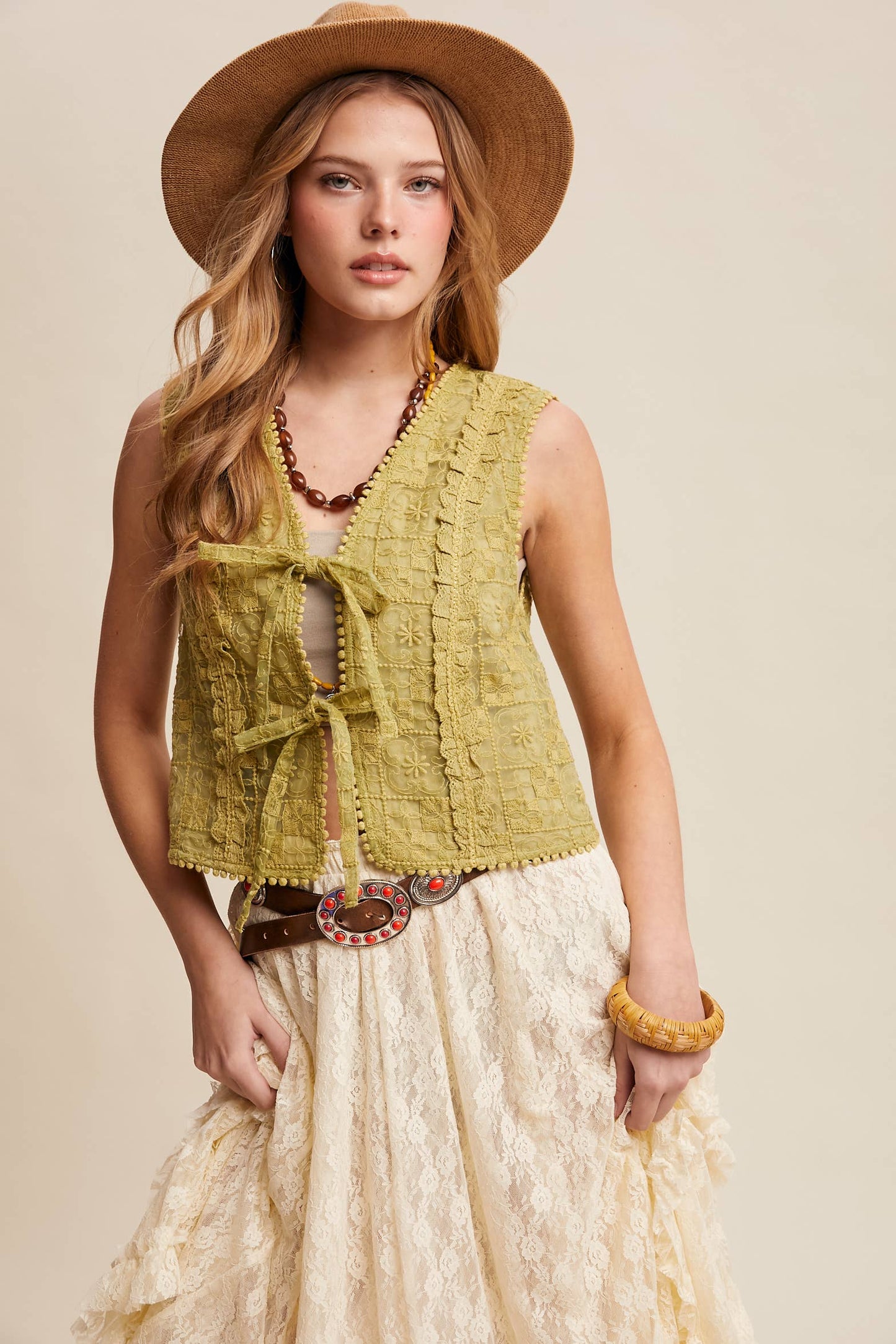 Embroidered Lace Tie-Front Vest