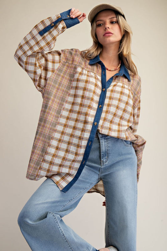 Easel Plaid Mix Button-Down Shirt