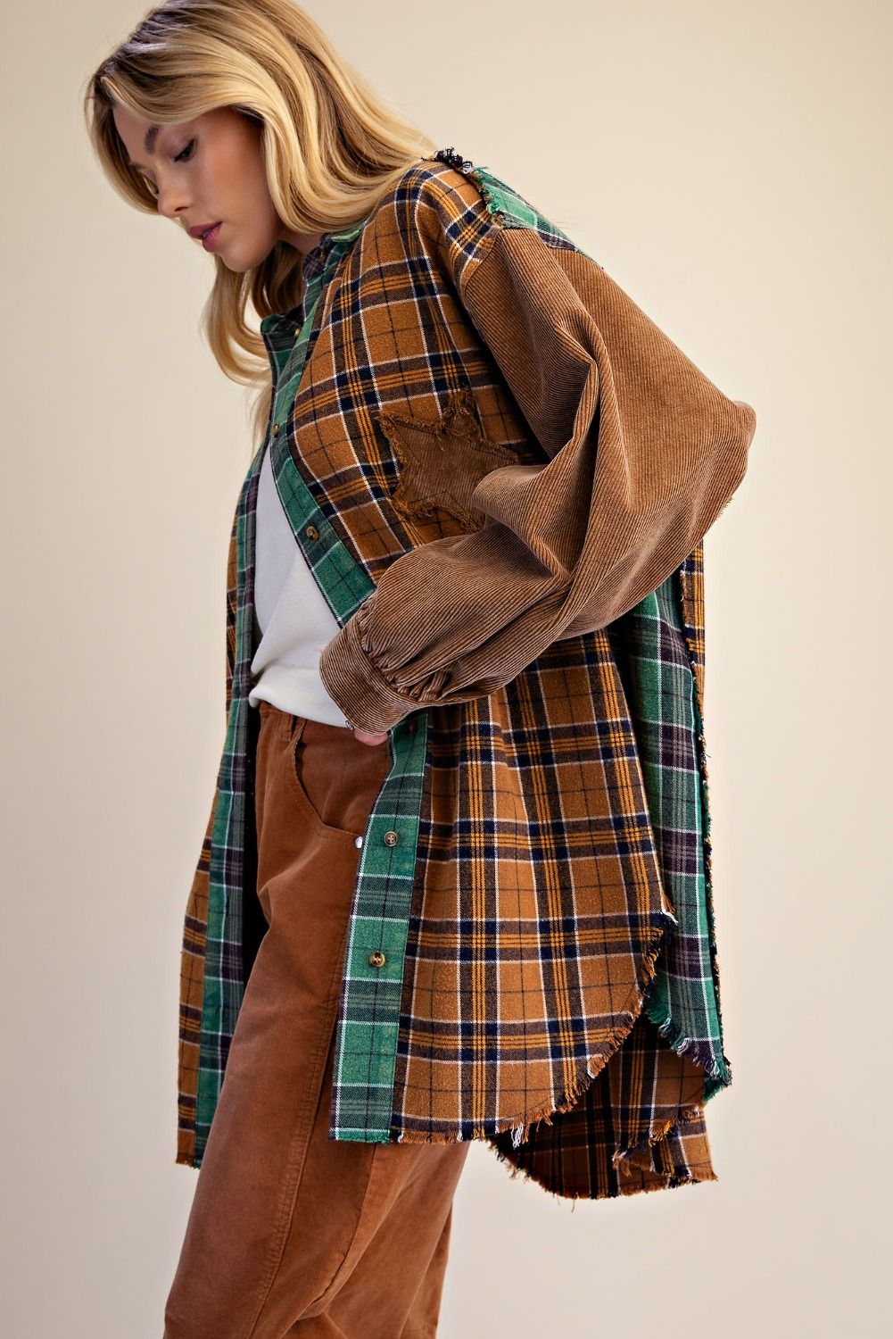Washed Plaid Patchwork Shacket